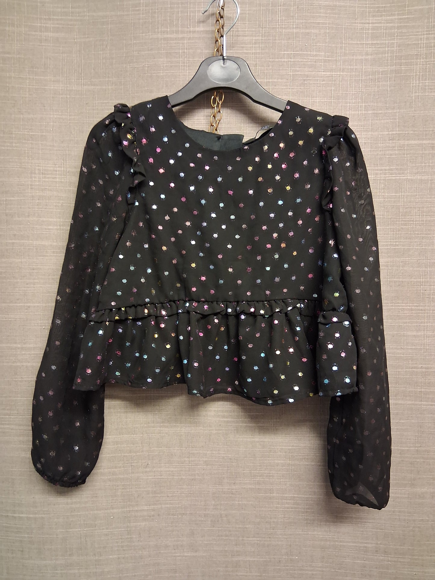 Primark Girls Black Metallic Multicolour Spotty Sheer Long Sleeve Peplum Blouse Top Age 8-9 Years