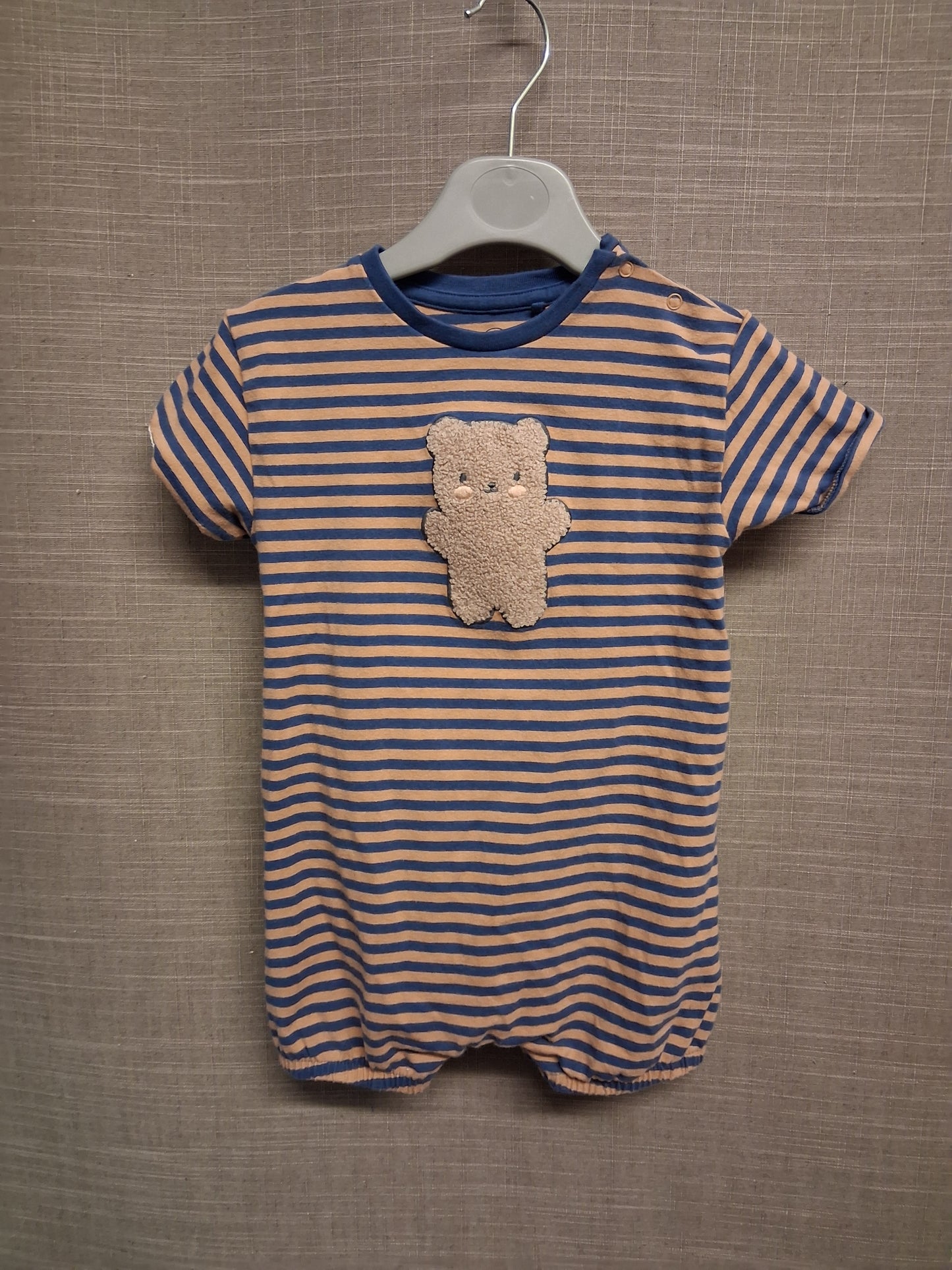 Next Boys Brown Blue Striped Teddy Short Sleeve Romper Age 9-12 Months 100% Cotton