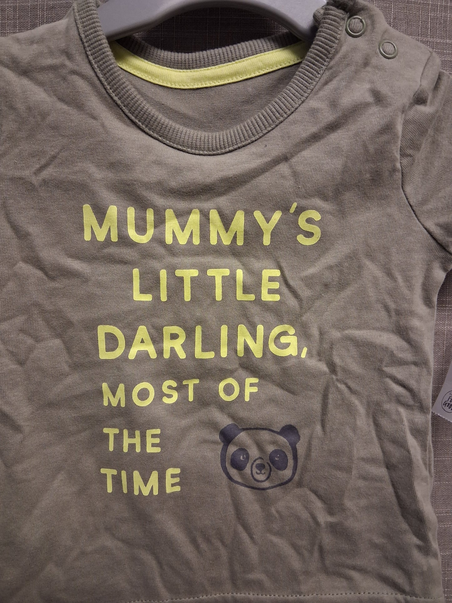 George Boys Khaki Green Short Sleeve Mummy's Darling T-Shirt Age 0-3 Months New