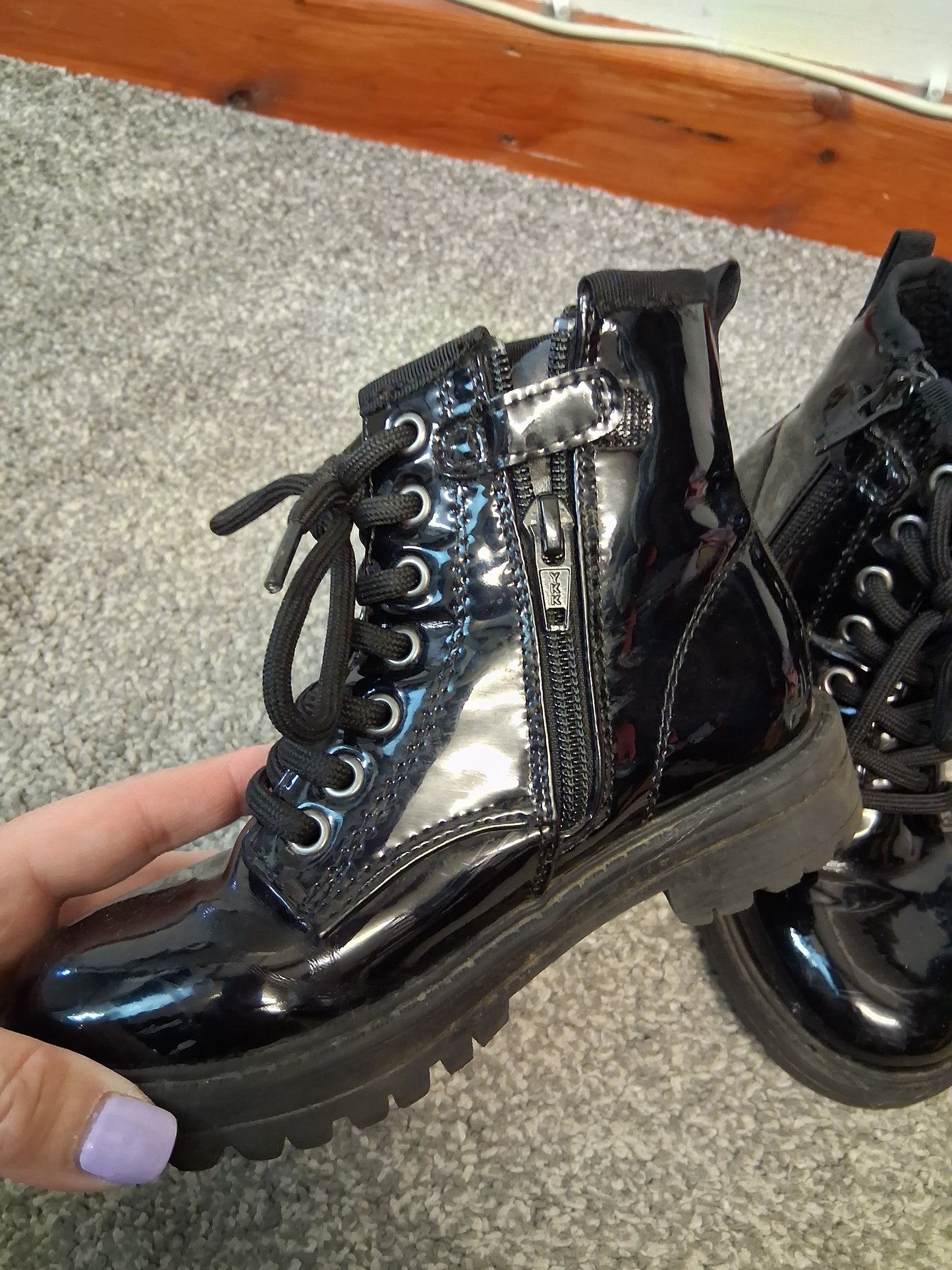 Next Girls Black Patent Faux Lace Up Ankle Boots Size 11