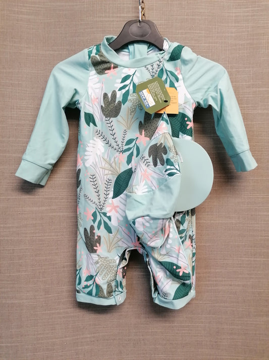 Umelok UV Swimsuit Set All in One Hat 18-24 Months Green Tropical Print New