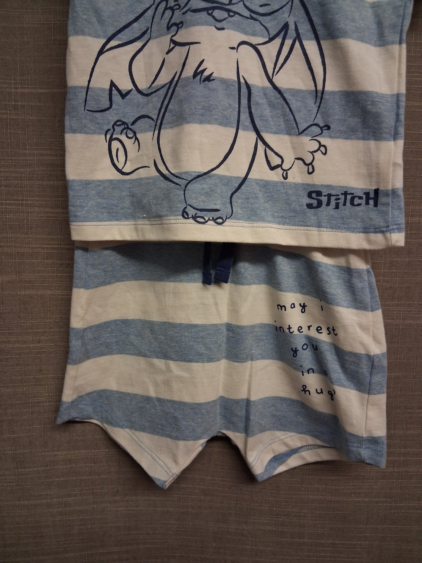 George Disney Stitch 2 Piece Outfit Blue White Striped T-Shirt & Shorts Age 9-12 Months
