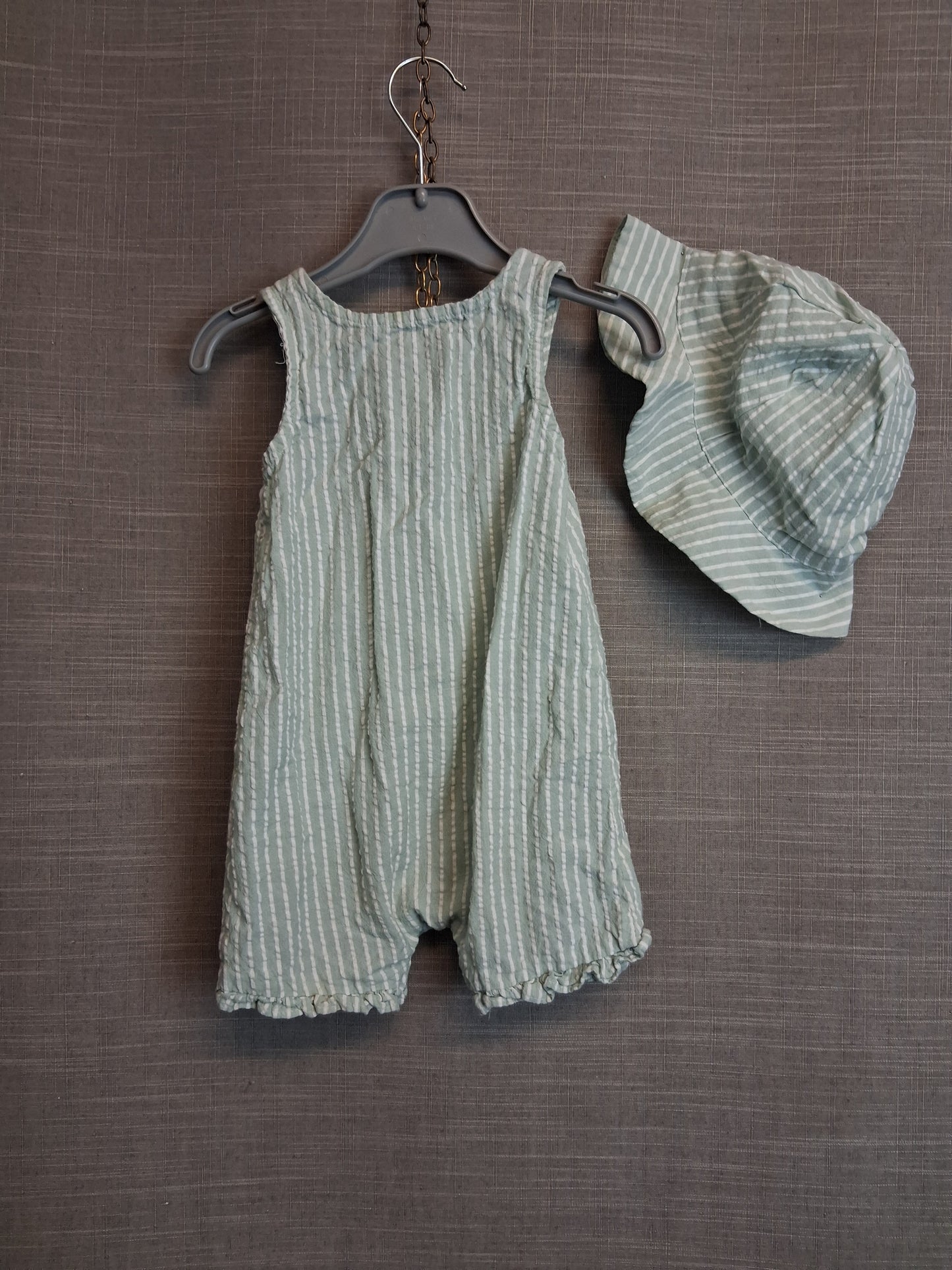 Matalan Girls Summer Romper Green White Striped With Hat Age 9-12 Months