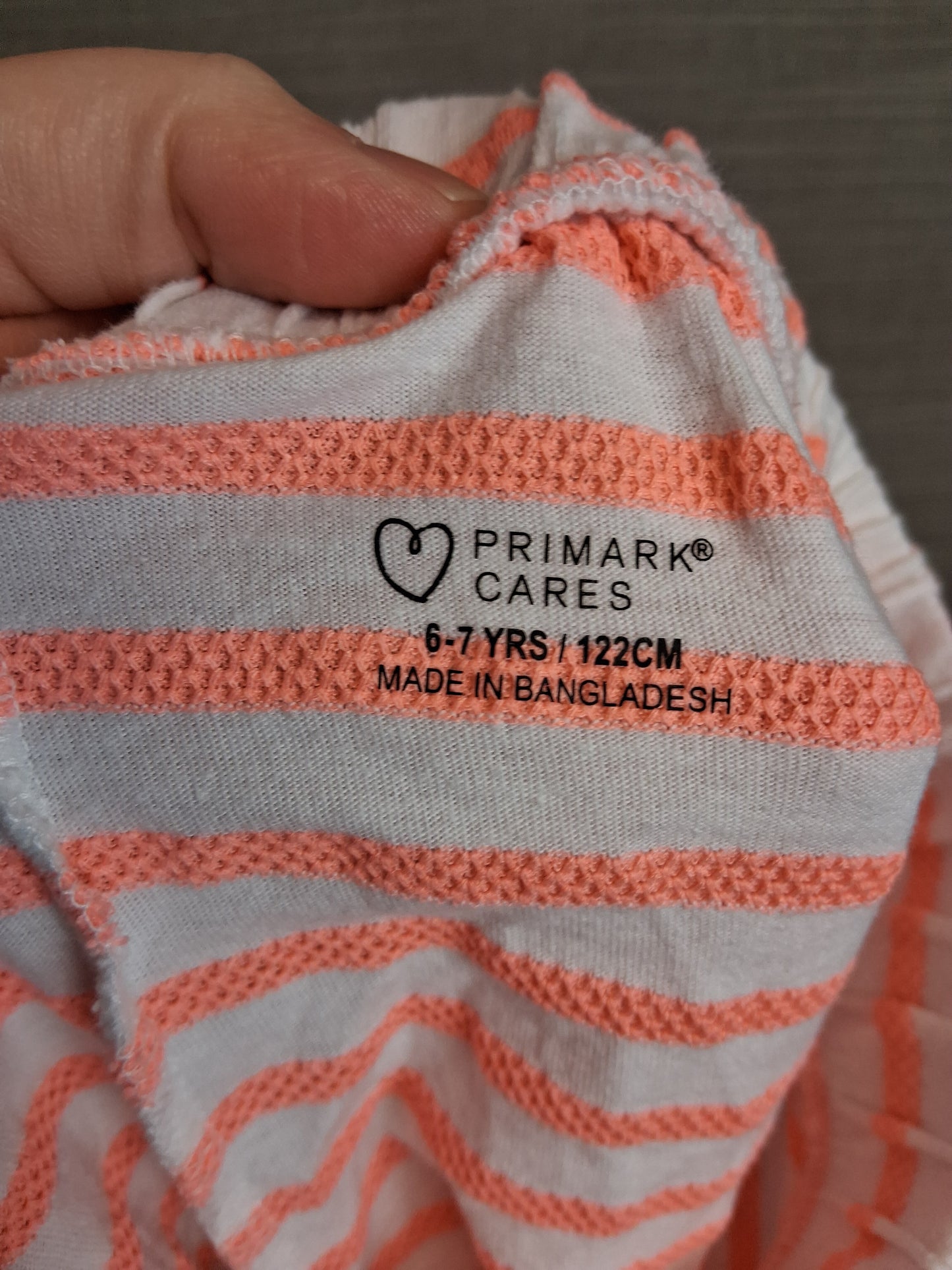 Primark Girls 2 Piece Outfit Age 6-7 Years Neon Orange and White Stripe Shorts & T-Shirt