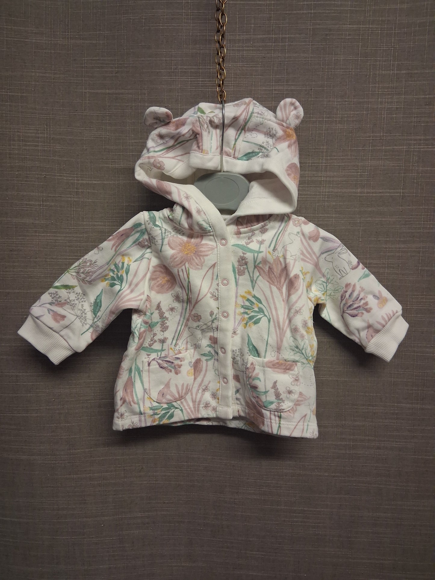 Next Girls Hoodie White Pink Floral Jersey Age 0-3 Months