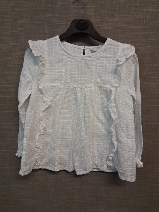 Primark Girls White Long Sleeve Blouse Ruffle Trim Top Age 6-7 Years