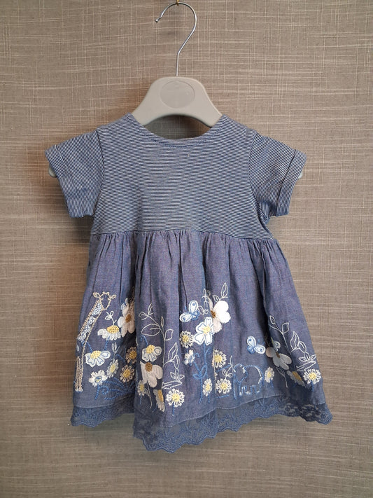 Next Girls Blue Giraffe Embroidered Short Sleeve Dress Age 0-3 Months