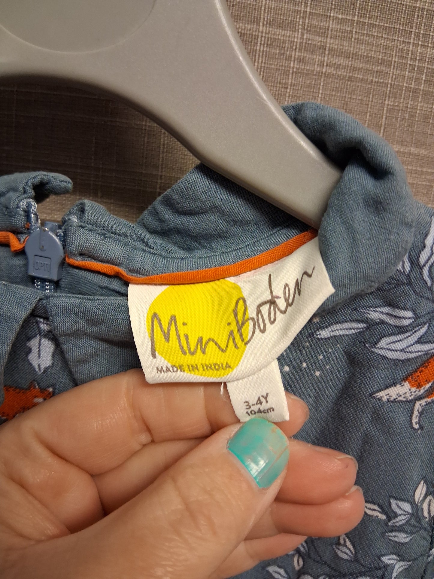 Mini Boden Blue Grey Woodland Theme A Line Dress Age 3-4 Years