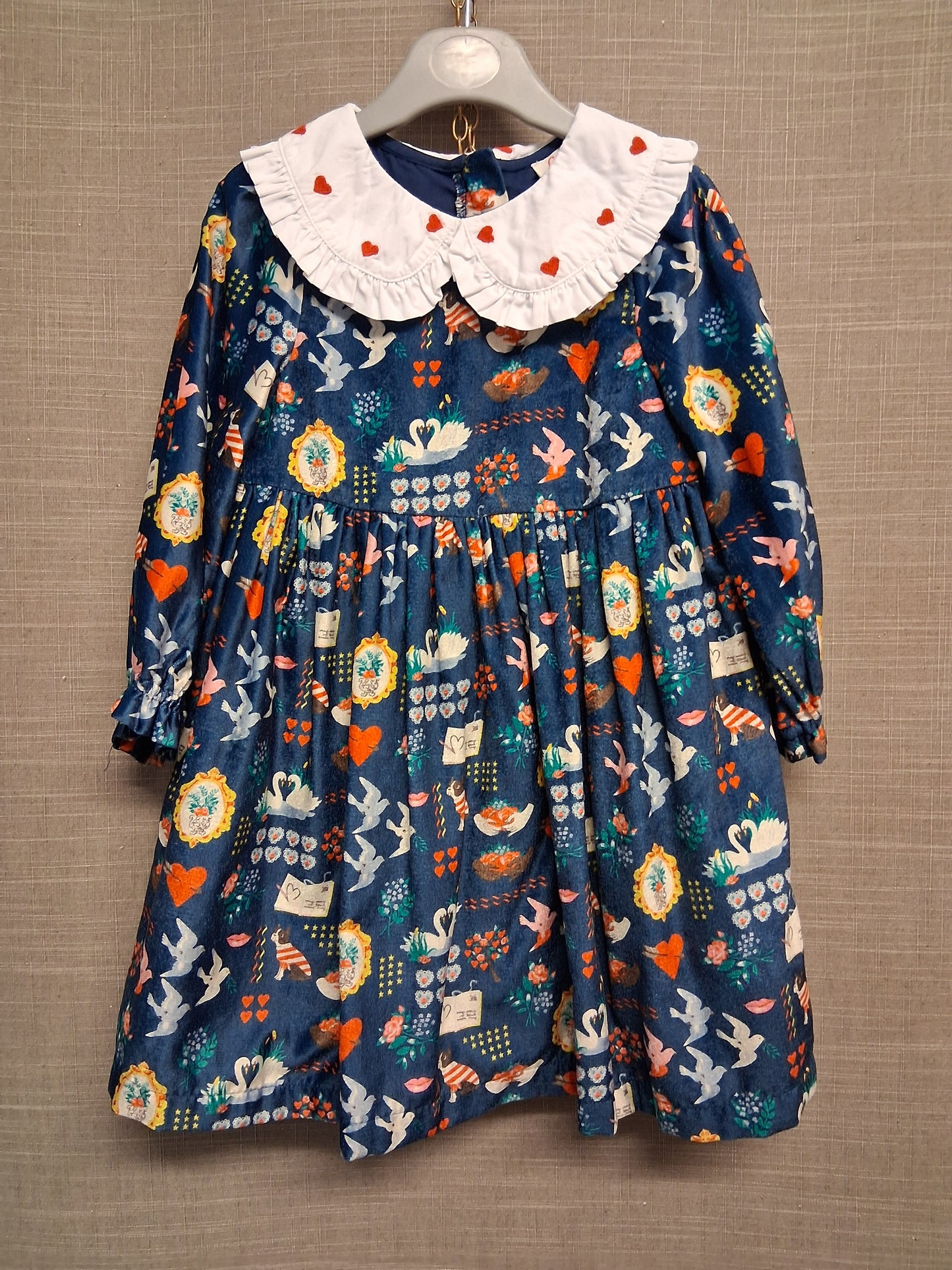 Cath Kids Cath Kidston Velour Long Sleeve Blue Dress Age 2-3 Years Peter Pan Collar Cute Print
