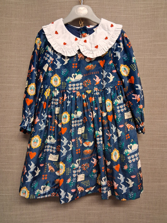 Cath Kids Cath Kidston Velour Long Sleeve Blue Dress Age 2-3 Years Peter Pan Collar Cute Print