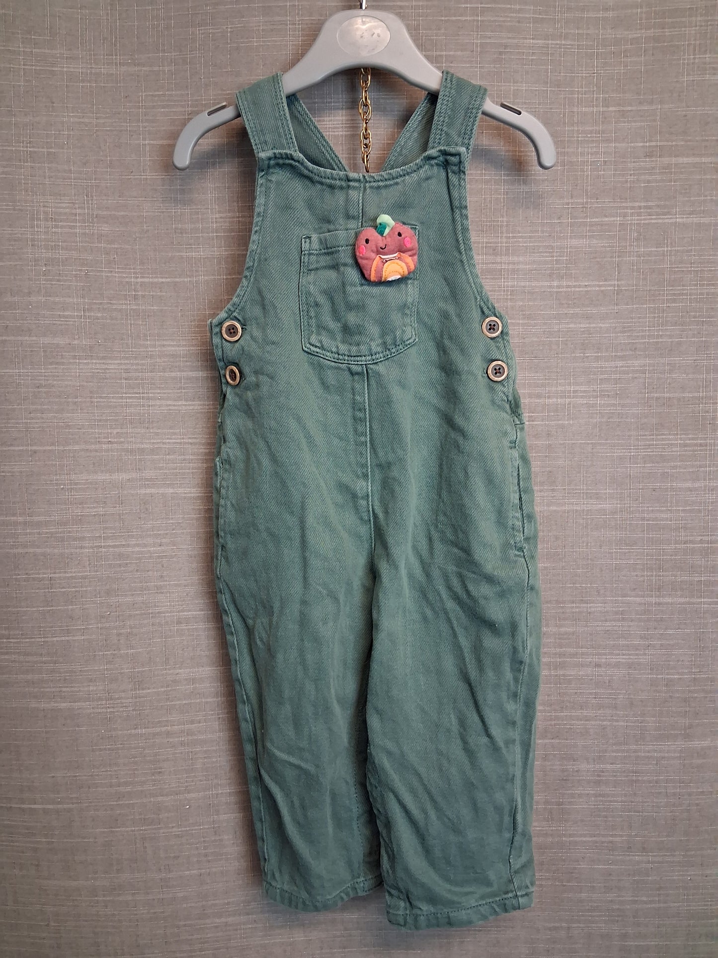 Next Girls Green Denim Dungarees Age 12-18 Months 3D Apple