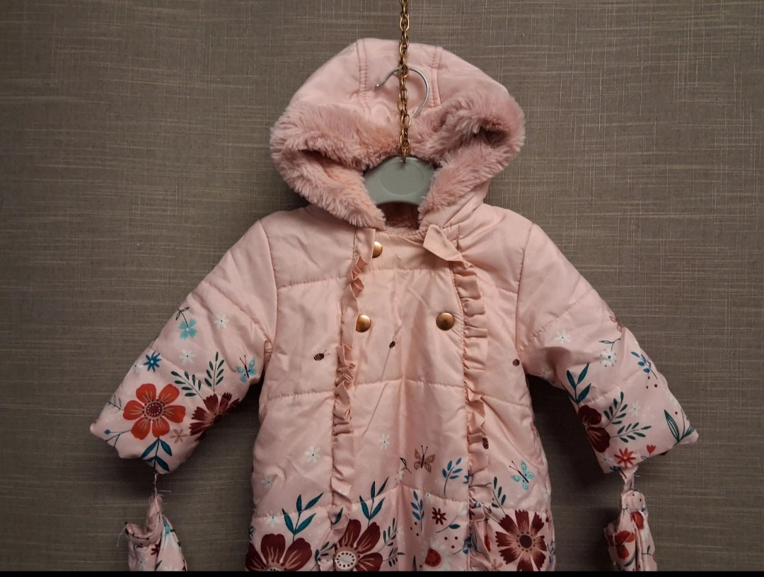 George Girls Pink Floral Padded Snowsuit Showerproof Age 3-6 Months With Mitts - Marked