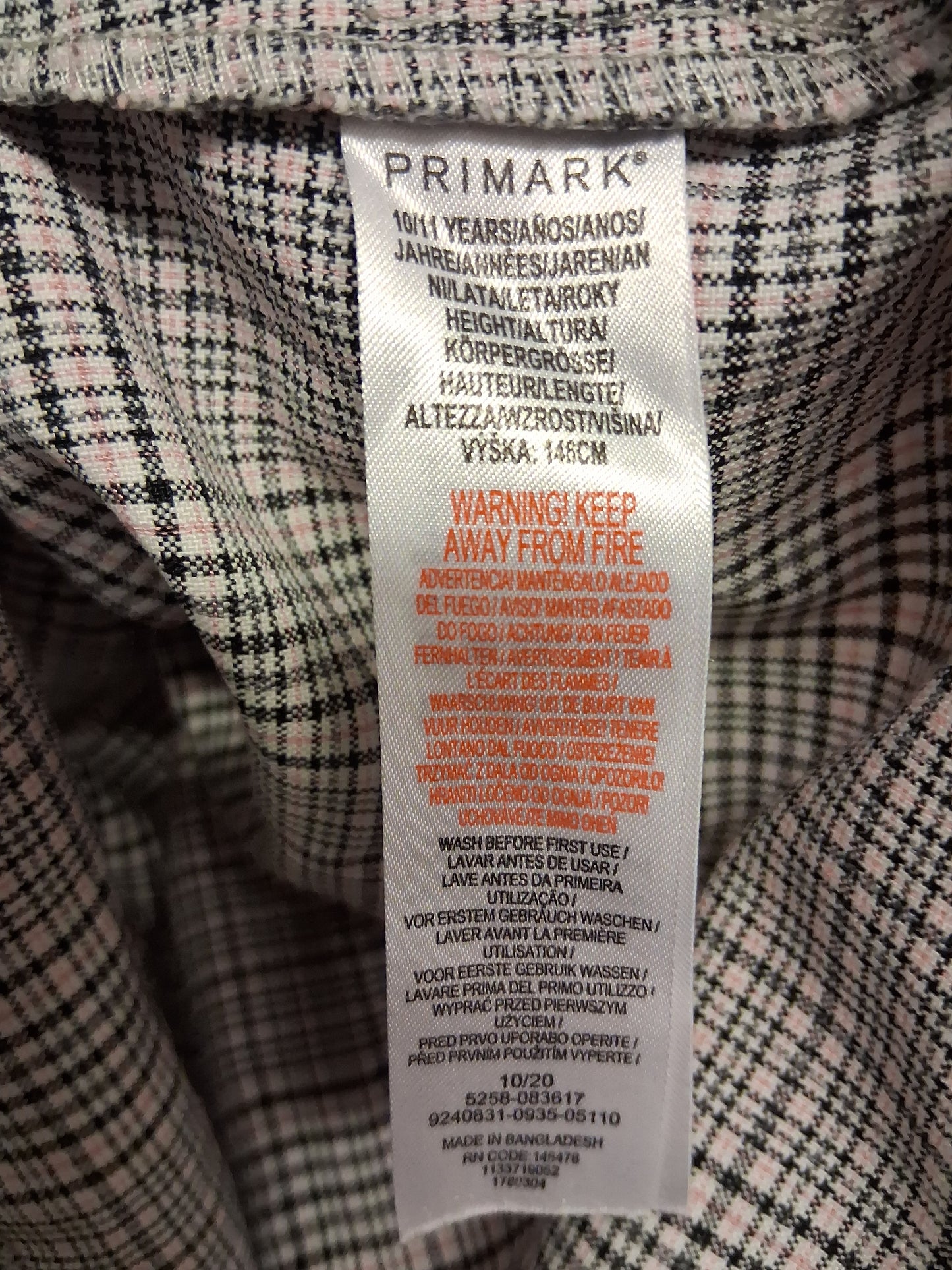 Primark Girls Beige Black Check Pinafore Dress Age 10-11 Years