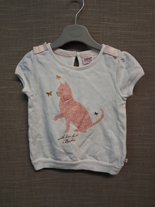 Ted Baker Girls Short Sleeve T-Shirt Cat Theme White Age 18-24 Months