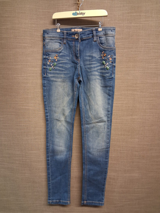 Next Girls Blue Denim Jeans Beaded Detail Age 10 Years Adjustable Waist