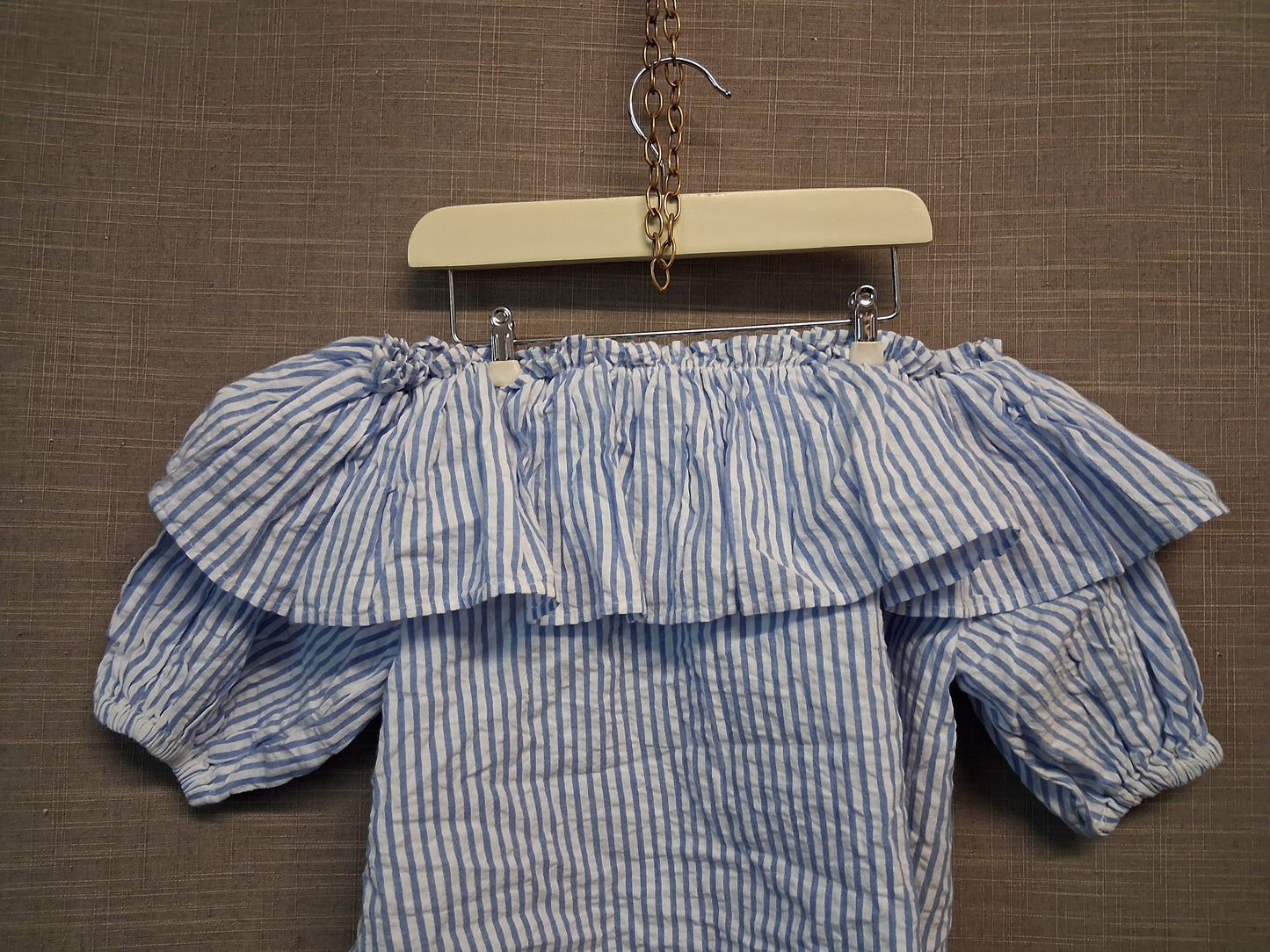 Next Girls Off the Shoulder Top Blue White Striped Ruffle Age 5-6  Years