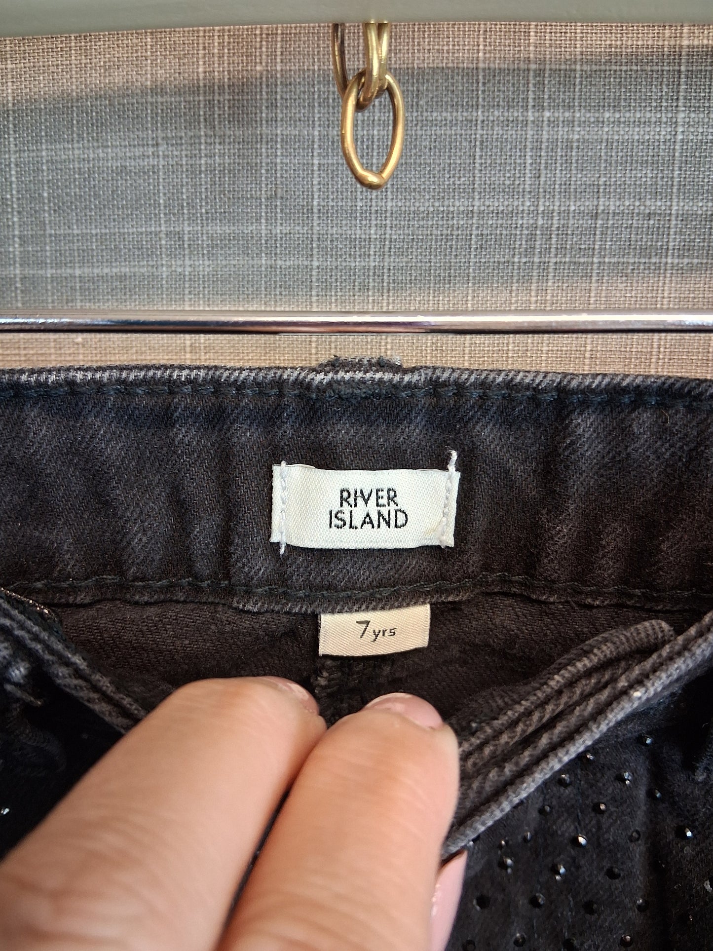 River Island Black Denim A Line Skirt Distressed Diamanté Trim Age 7-8 Years