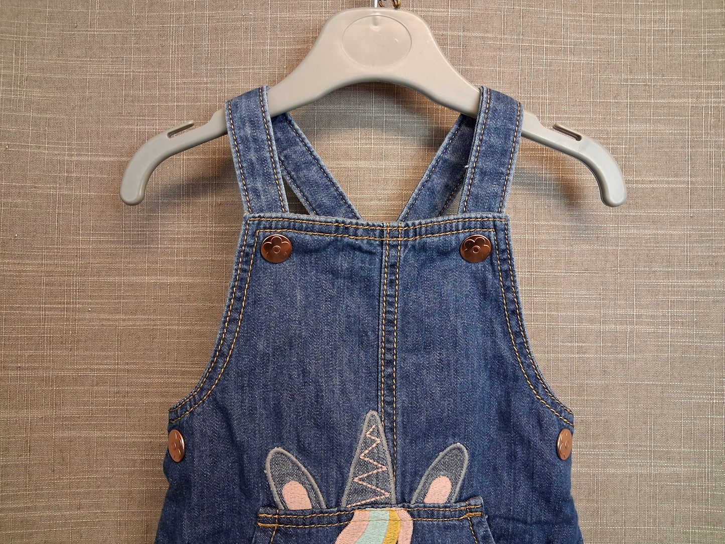 F&F Girls Denim Pinafore Dress Unicorn Theme Age 6-9 Months