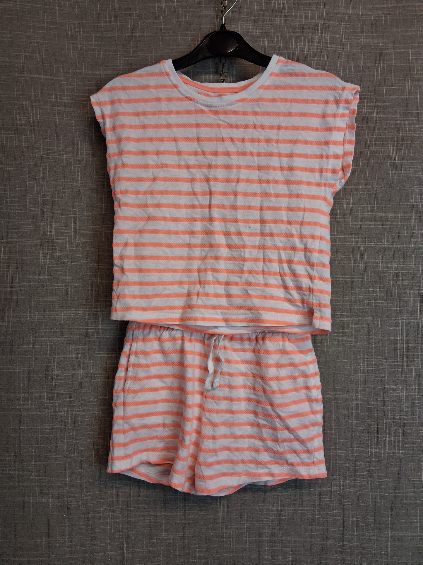 Primark Girls 2 Piece Outfit Age 6-7 Years Neon Orange and White Stripe Shorts & T-Shirt