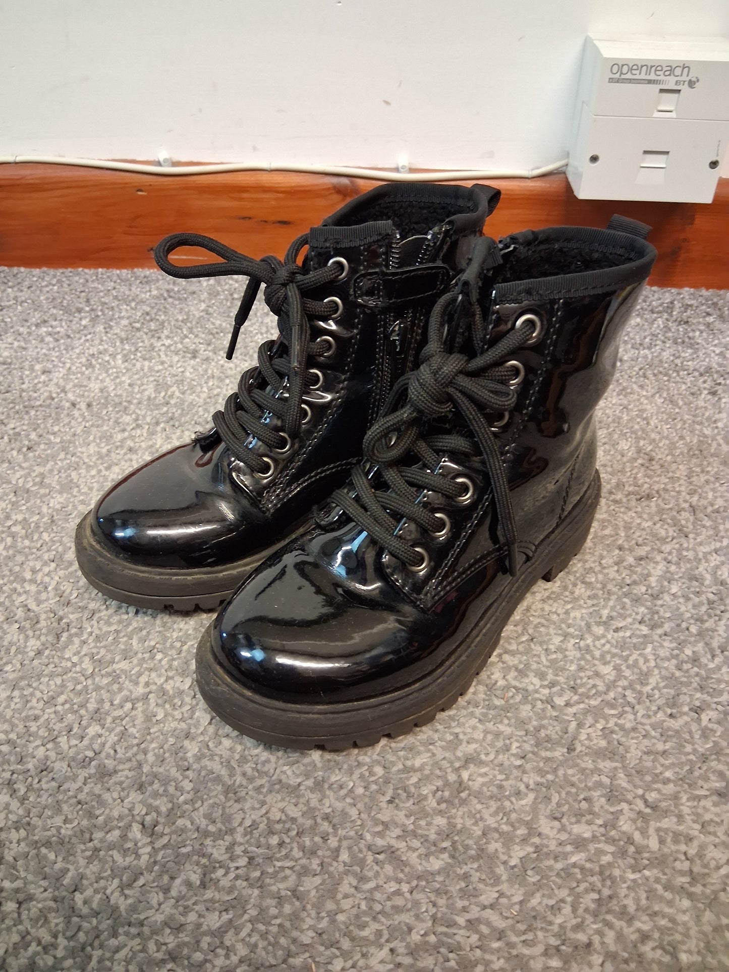 Next Girls Black Patent Faux Lace Up Ankle Boots Size 11