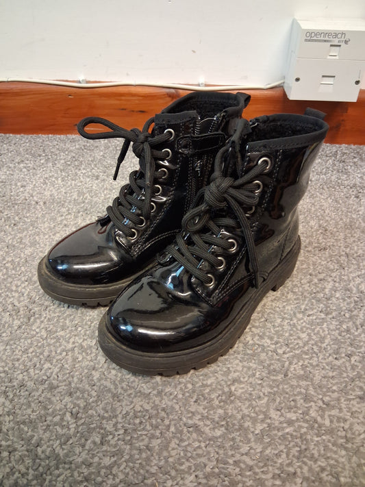 Next Girls Black Patent Faux Lace Up Ankle Boots Size 11