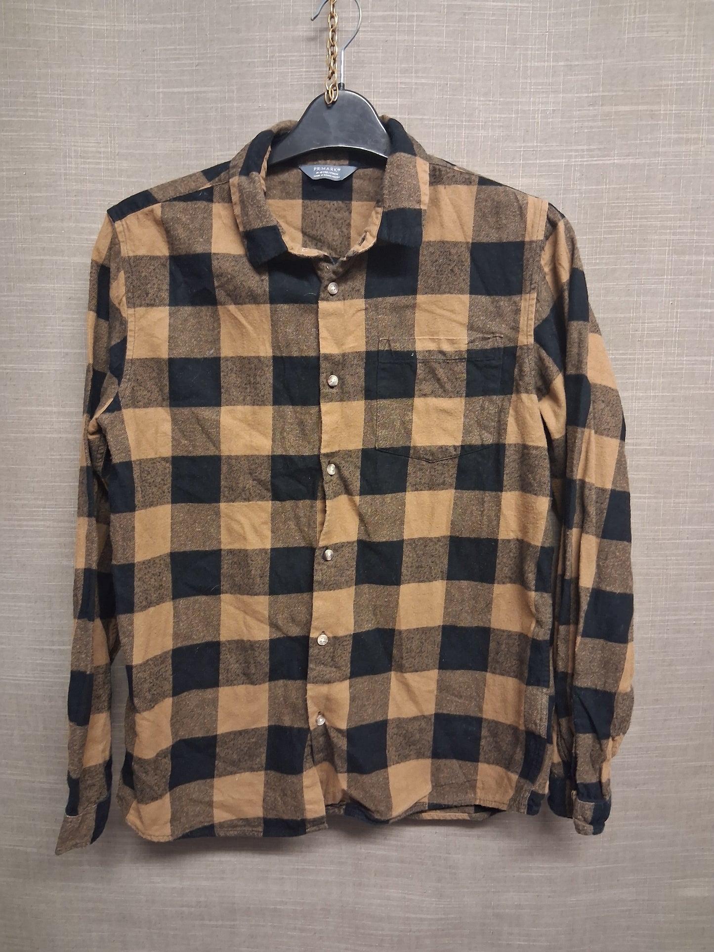 Primark Boys Brown Black Check Long Sleeve Shirt Age 14-15 Years