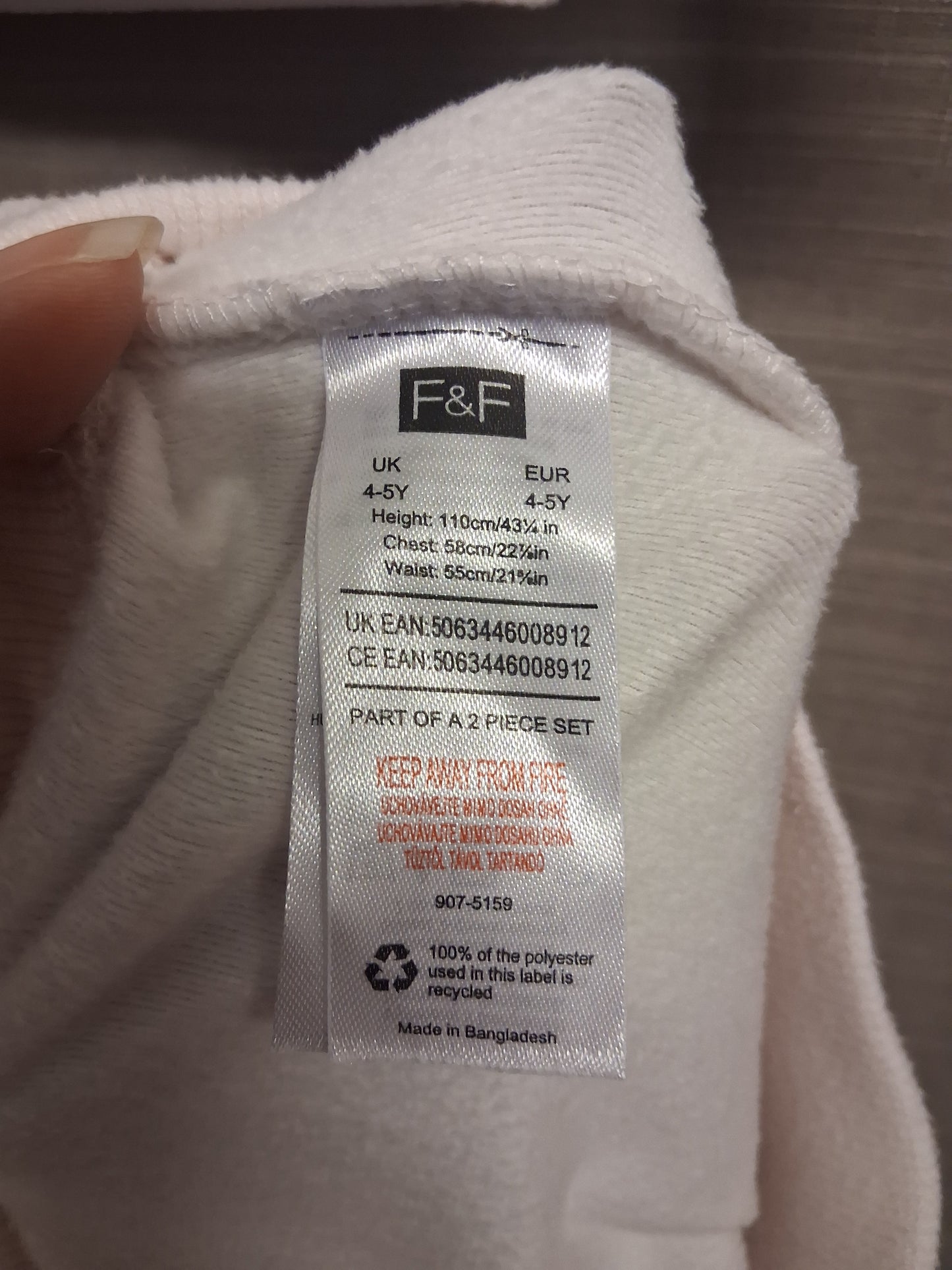 F&F Girls White Ballerina Theme Plush Pyjamas PJs Set 2 Piece Age 4-5 Years