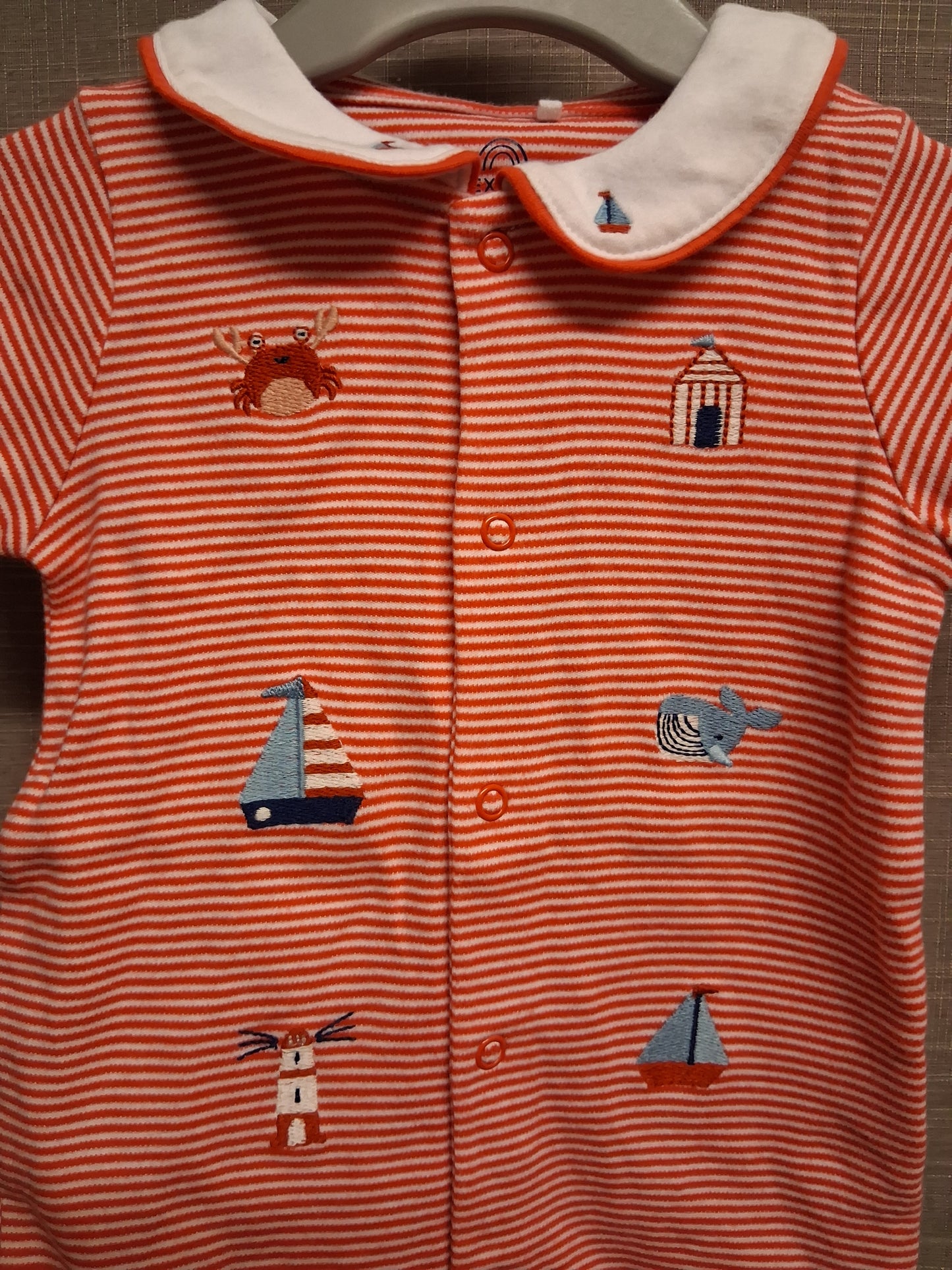 Next Boys Red Stripe Romper One Piece Nautical Embroidered Theme Age 6-9 Months