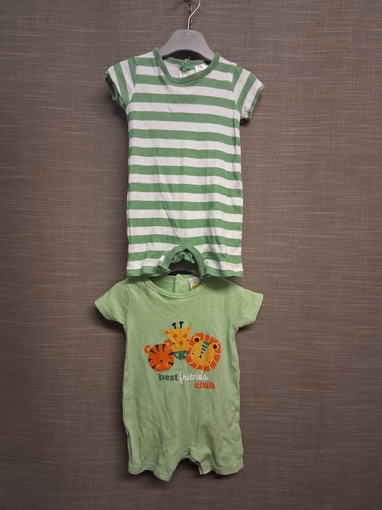 B&M Boys Summer Rompers 2 Pk Short Sleeve Green & White Age 3-6 Months