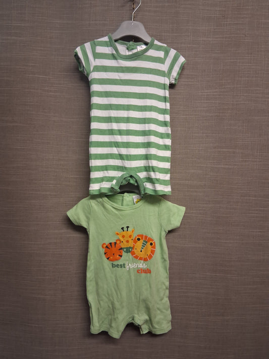 B&M Boys Summer Rompers 2 Pk Short Sleeve Green & White Age 3-6 Months
