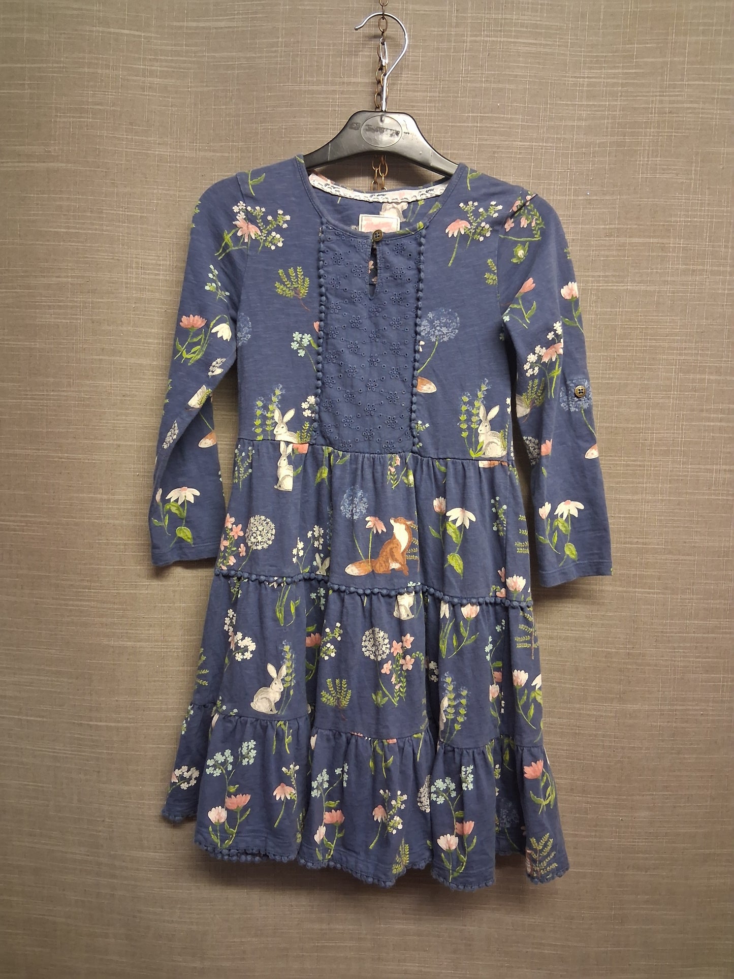 Mantaray Girls Blue Floral Long Sleeve Jersey Tiered Dress Age 7-8 Years