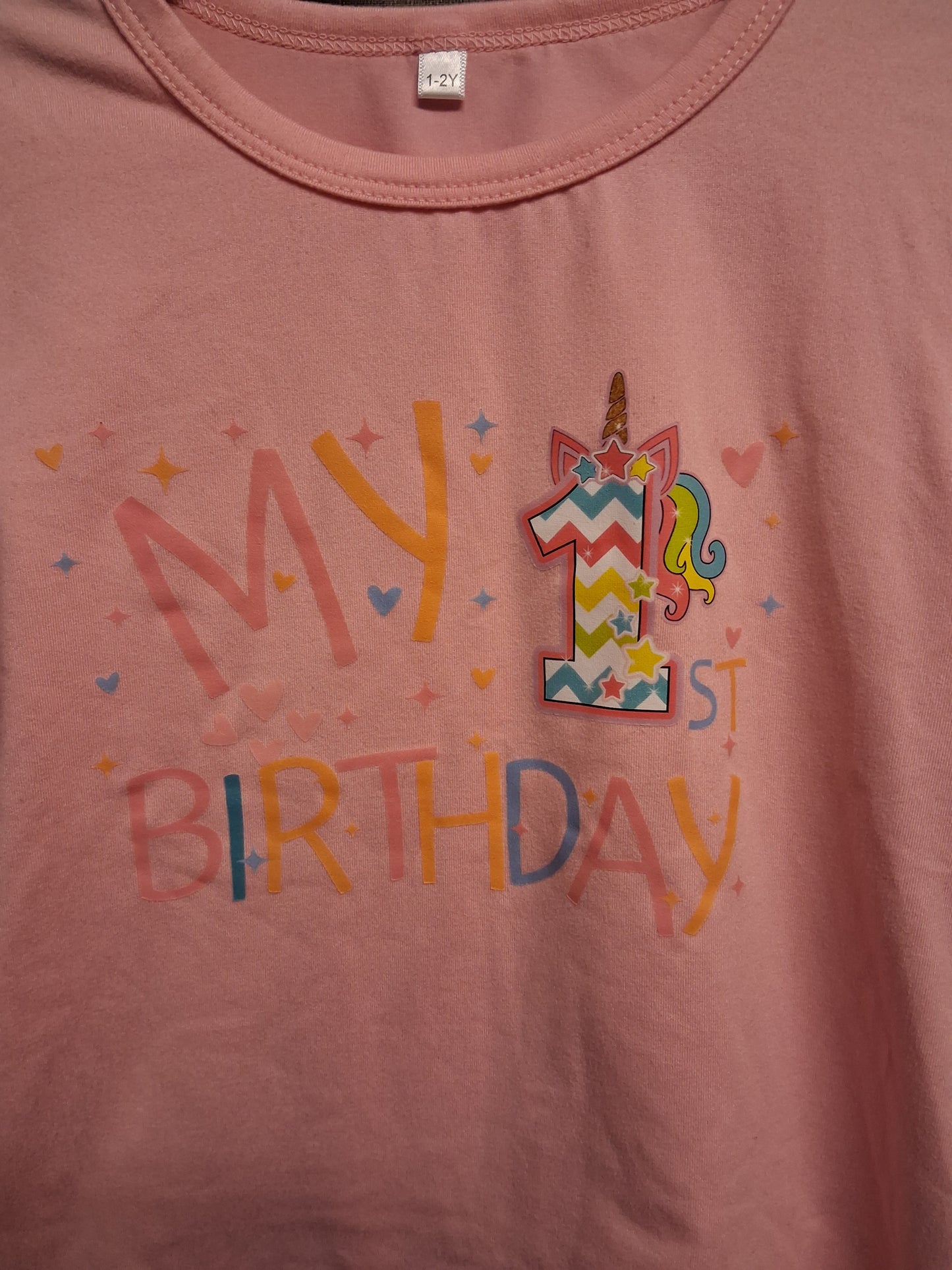 Shein Girls Pink My 1st Birthday Unicorn Theme Long Sleeve T-Shirt Age 1-2 Years
