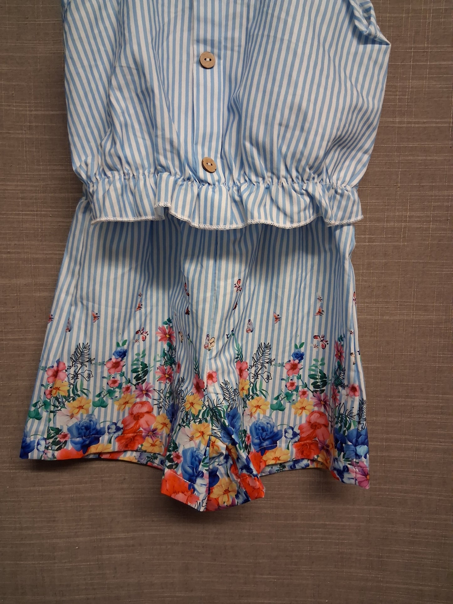 Shein Girls 2 Piece Summer Set Tank Top & Shorts Blue White Striped Floral Age 6 Years