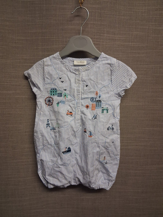 Next Boys Cotton Blue White Check Romper Embroidered Detail Short Sleeve Age 3-6 Months
