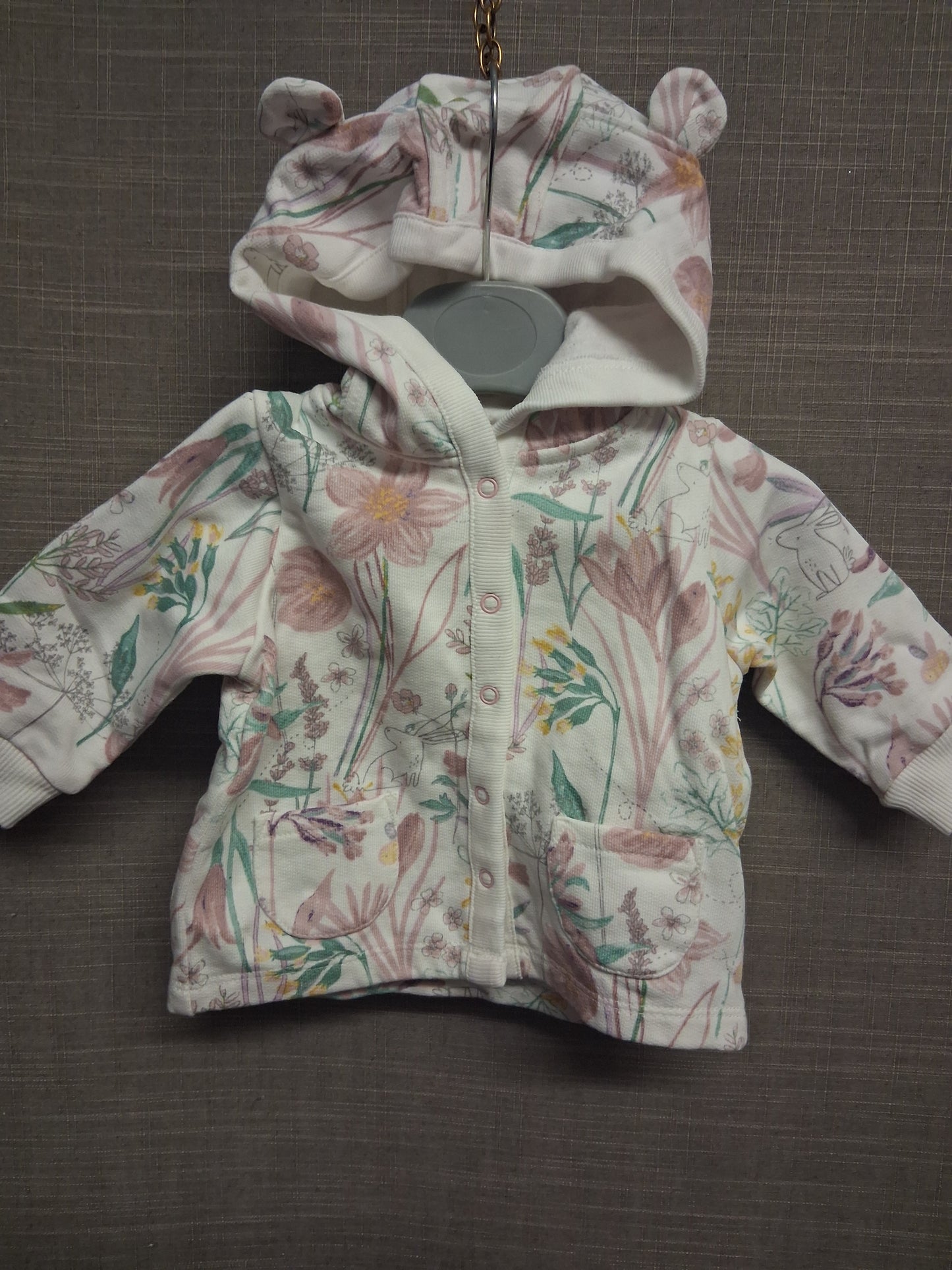 Next Girls Hoodie White Pink Floral Jersey Age 0-3 Months