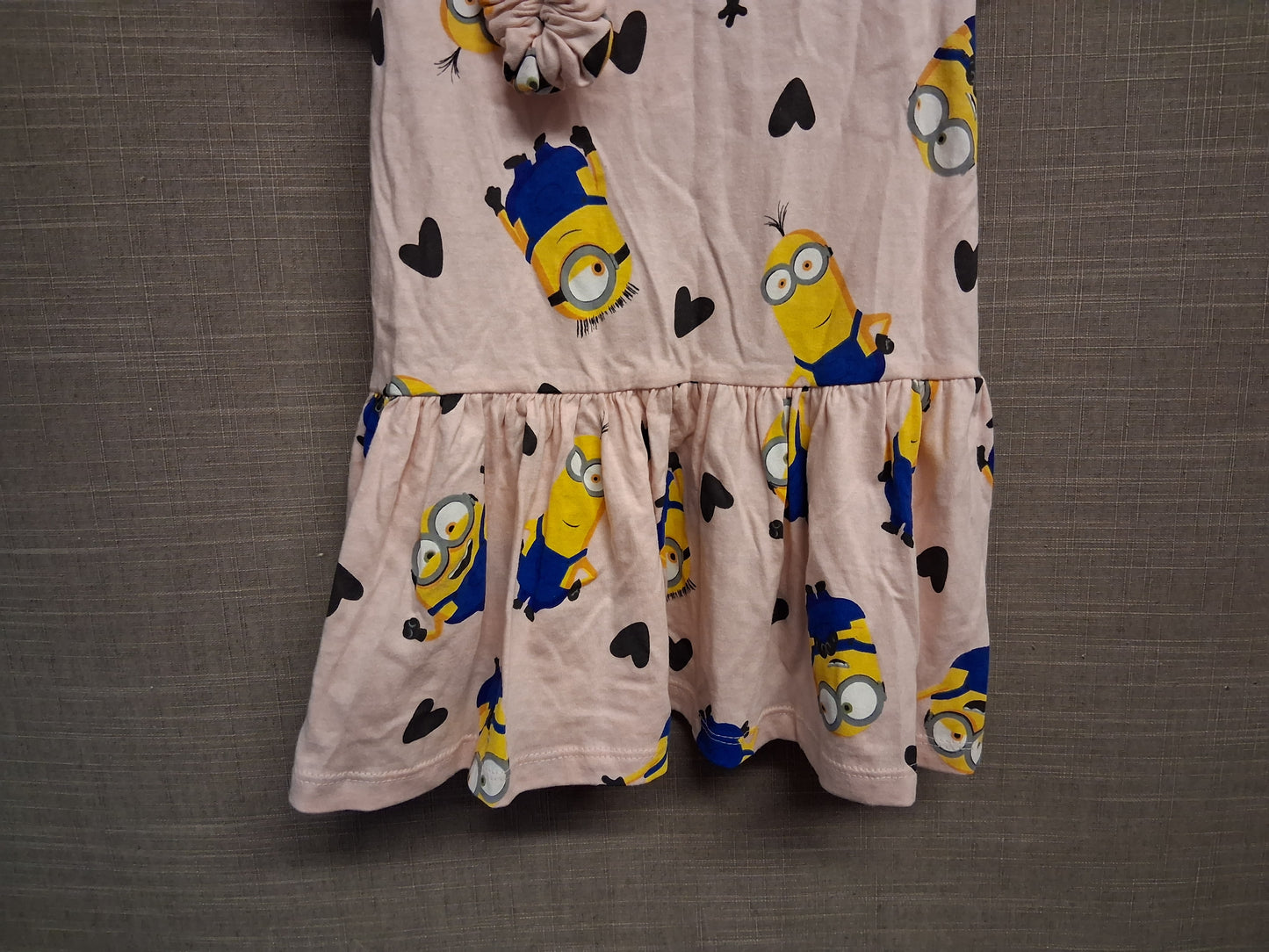 F&F Girls Pink Minion T-Shirt Dress Short Sleeve Matching Hair Scrunchie Age 2-3 Years New
