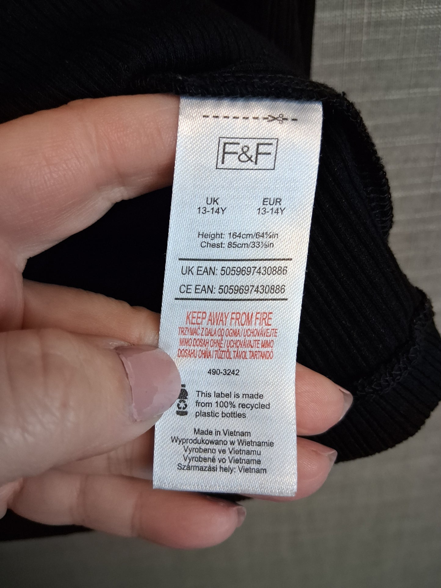 F&F Girls Black High Neck Long Sleeve T-Shirt Age 13-14 Years