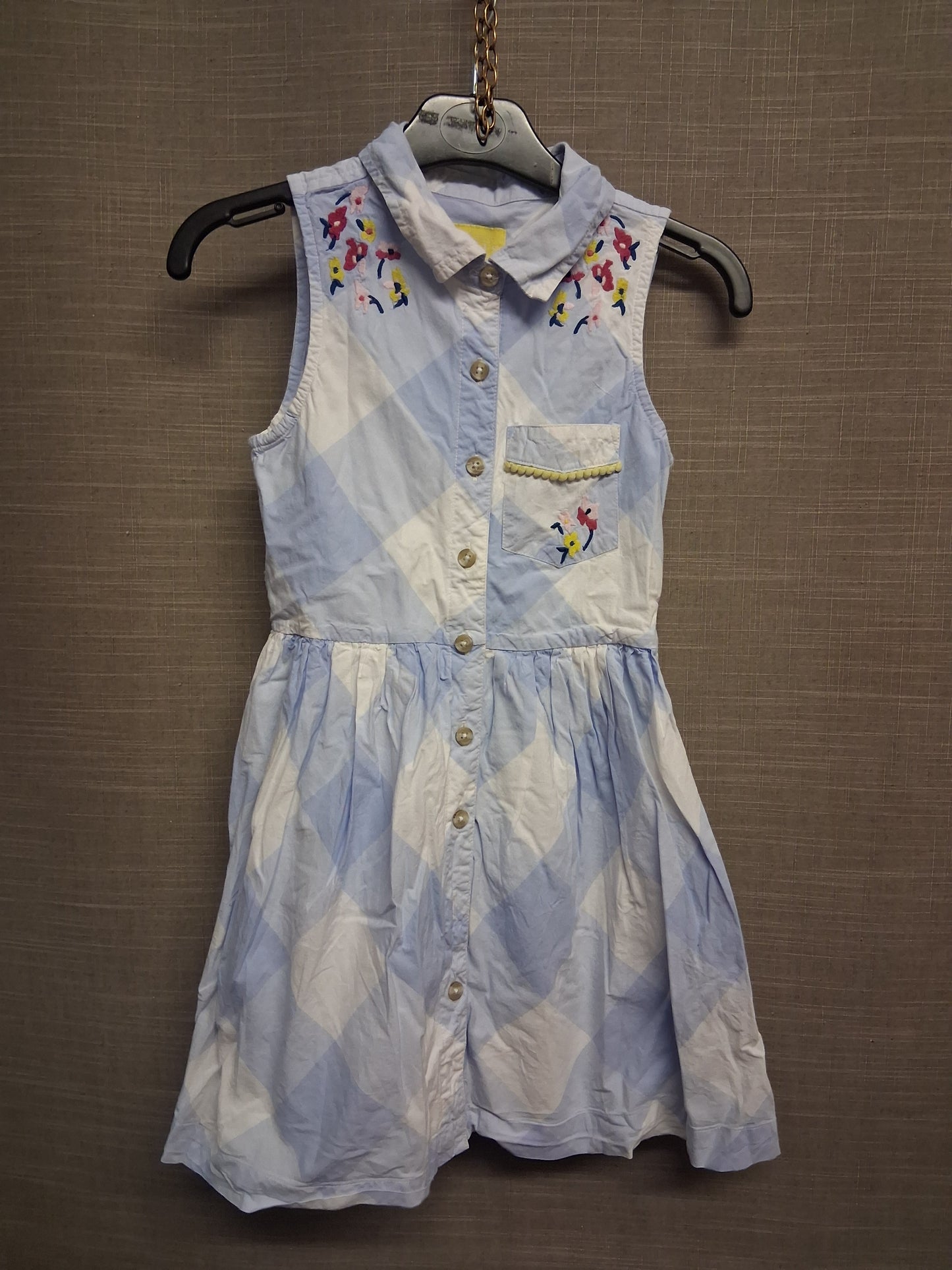 Joules Girls Blue Check Dress Embroidered Floral Age 7-8 Years