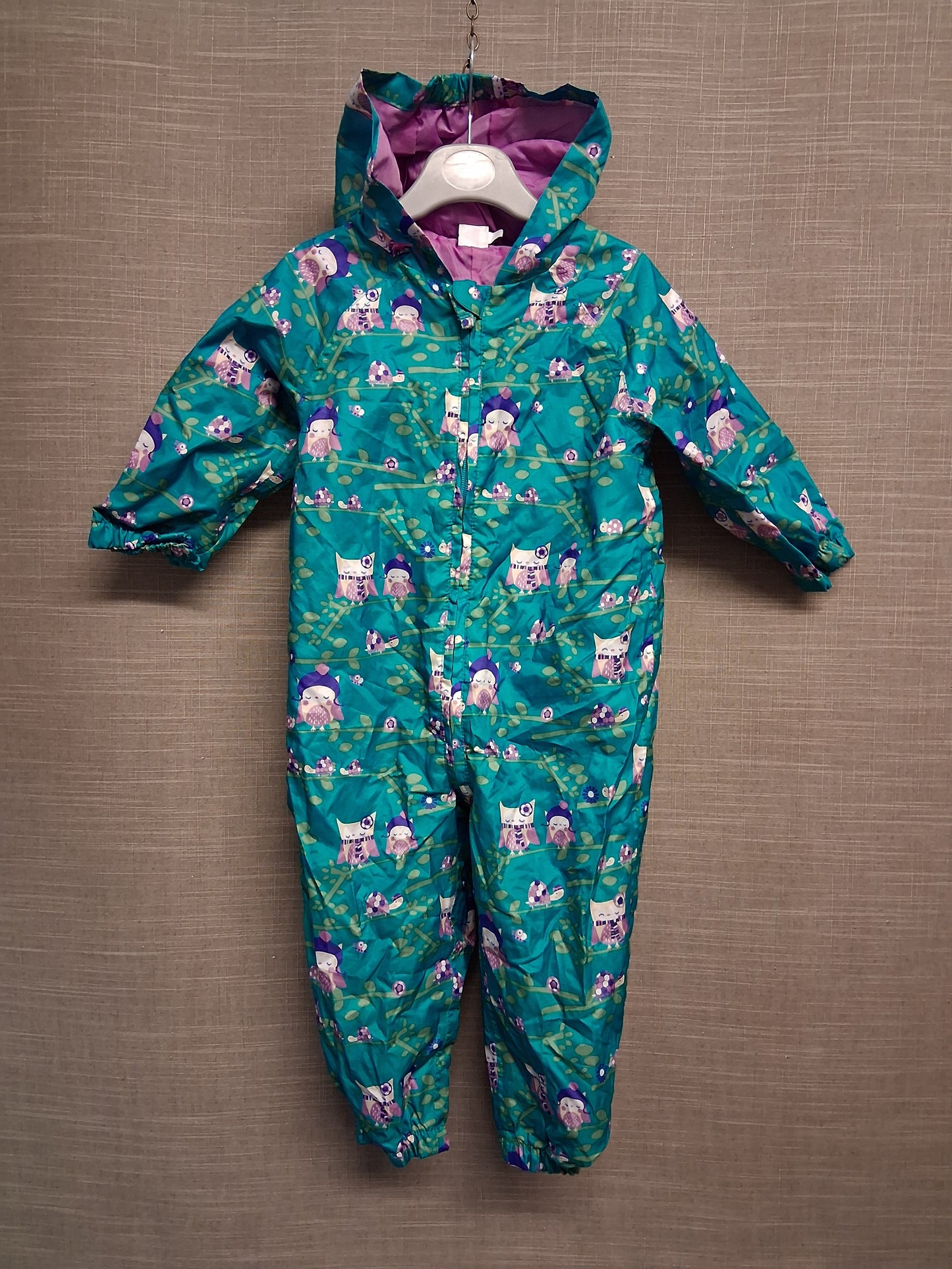 Mini Club Girls Rainsuit All in One Green Owl Print Age 12-18 Months