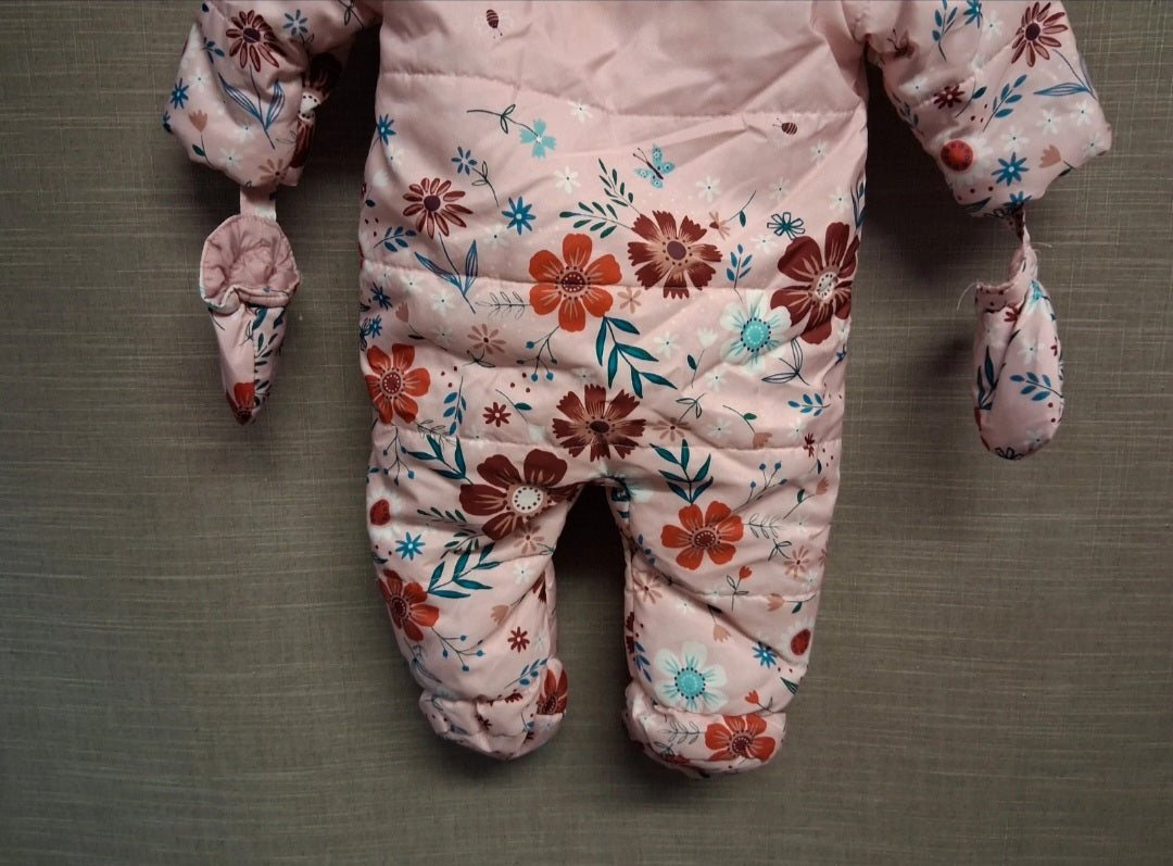 George Girls Pink Floral Padded Snowsuit Showerproof Age 3-6 Months With Mitts - Marked