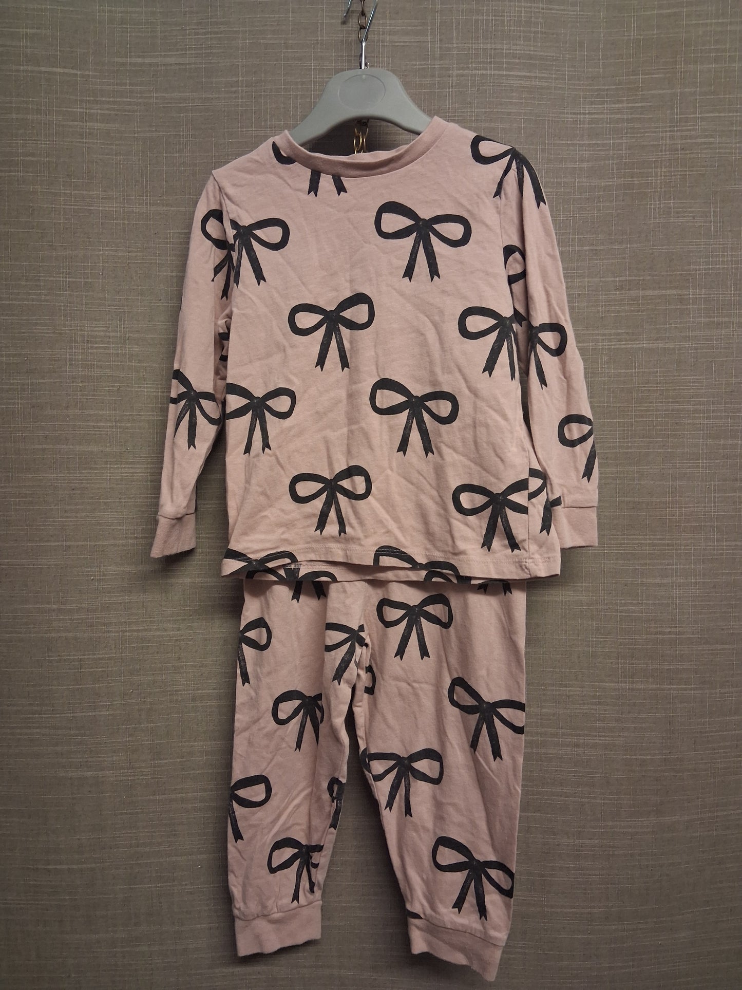 Marks & Spencer Girls Pink Bow Pyjamas PJs 2 Piece Set Age 2-3 Years
