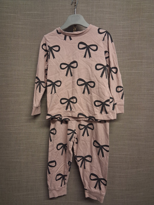 Marks & Spencer Girls Pink Bow Pyjamas PJs 2 Piece Set Age 2-3 Years
