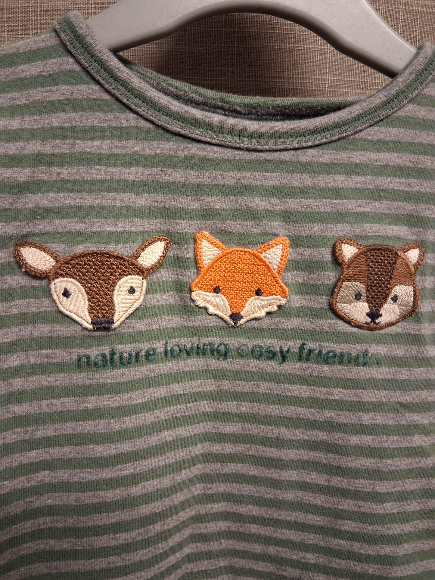 Next Boys Green Grey Striped Long Sleeve T-Shirt Woodland Animals 100% Cotton Age 12-18 Months