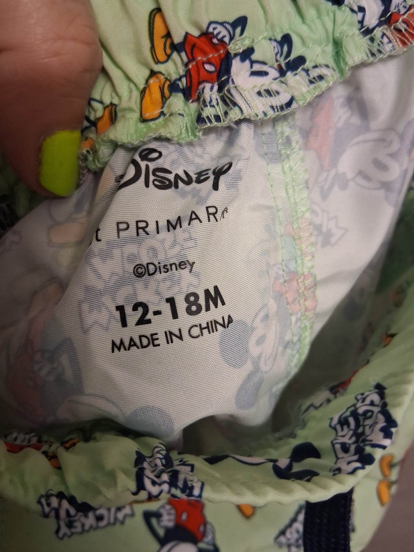 Primark Disney Green Mickey Mouse Swim Shorts Age 12-18 Months