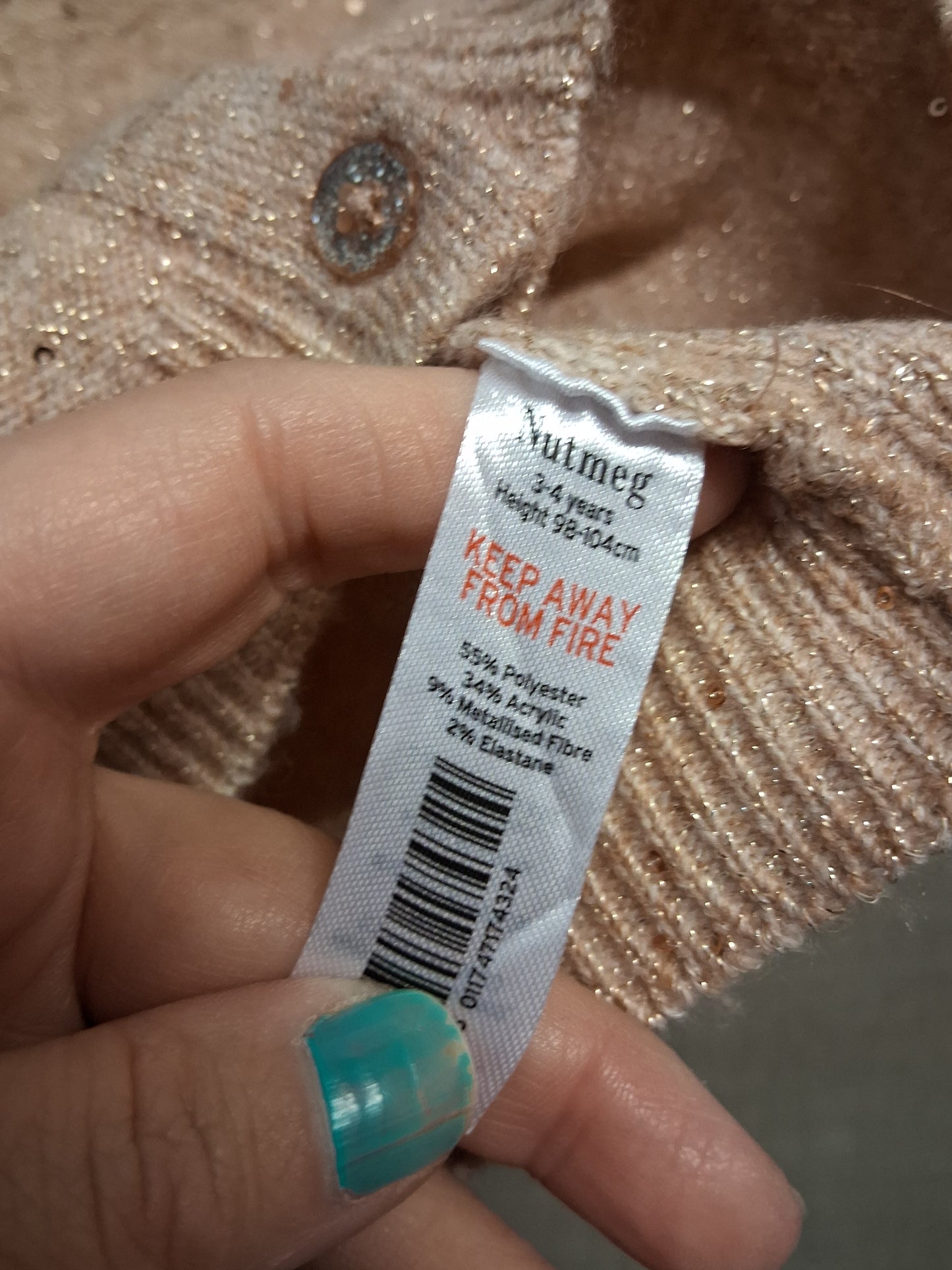 Nutmeg Girls Peach Beige Sequin Trim Knitted Cardigan Lightweight Age 3-4 Years