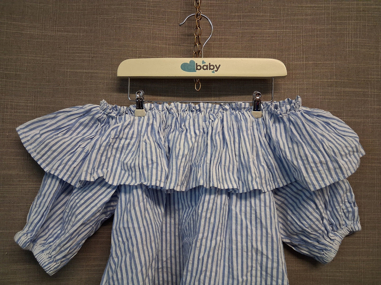 Next Girls Off the Shoulder Top Blue White Striped Ruffle Age 5-6  Years