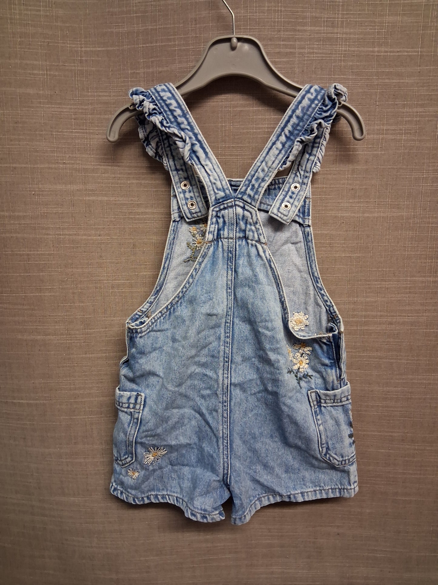 Next Girls Denim Dungaree Shorts Blue with embroidered floral detail Age 3-4 Years