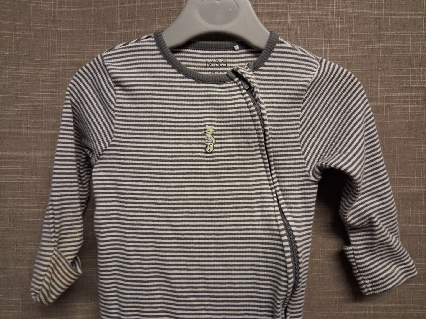 Marks and Spencer Boys Grey Striped Full Zip Sleepsuit Age 3-6 months
