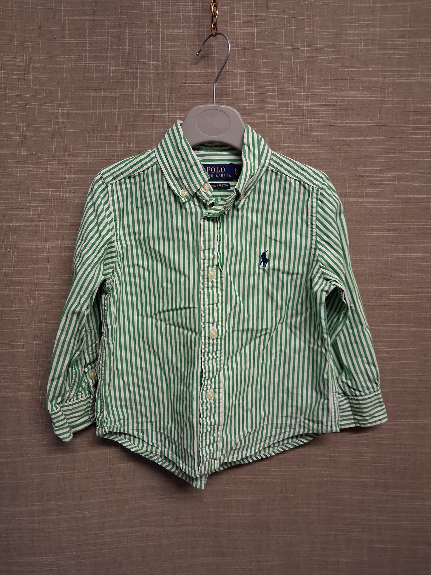 Polo Ralph Lauren Boys Green White Stripe Natural Stretch Long Sleeve Shirt Age 2 Years
