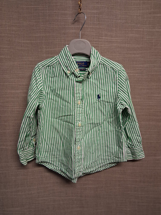 Polo Ralph Lauren Boys Green White Stripe Natural Stretch Long Sleeve Shirt Age 2 Years